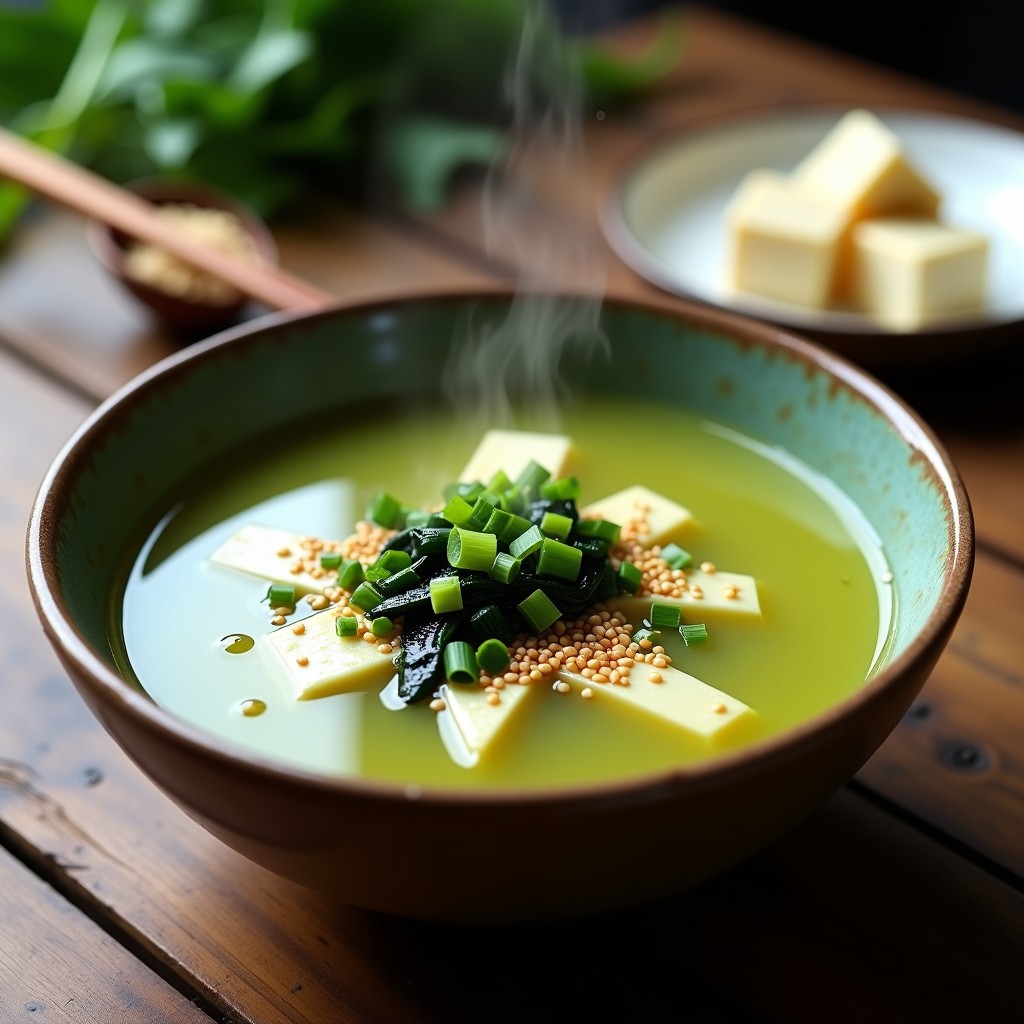 Cuenco de cerámica japonesa con sopa de miso verde humeante, trozos de tofu sedoso, algas wakame y semillas de sésamo, receta detox tradicional.