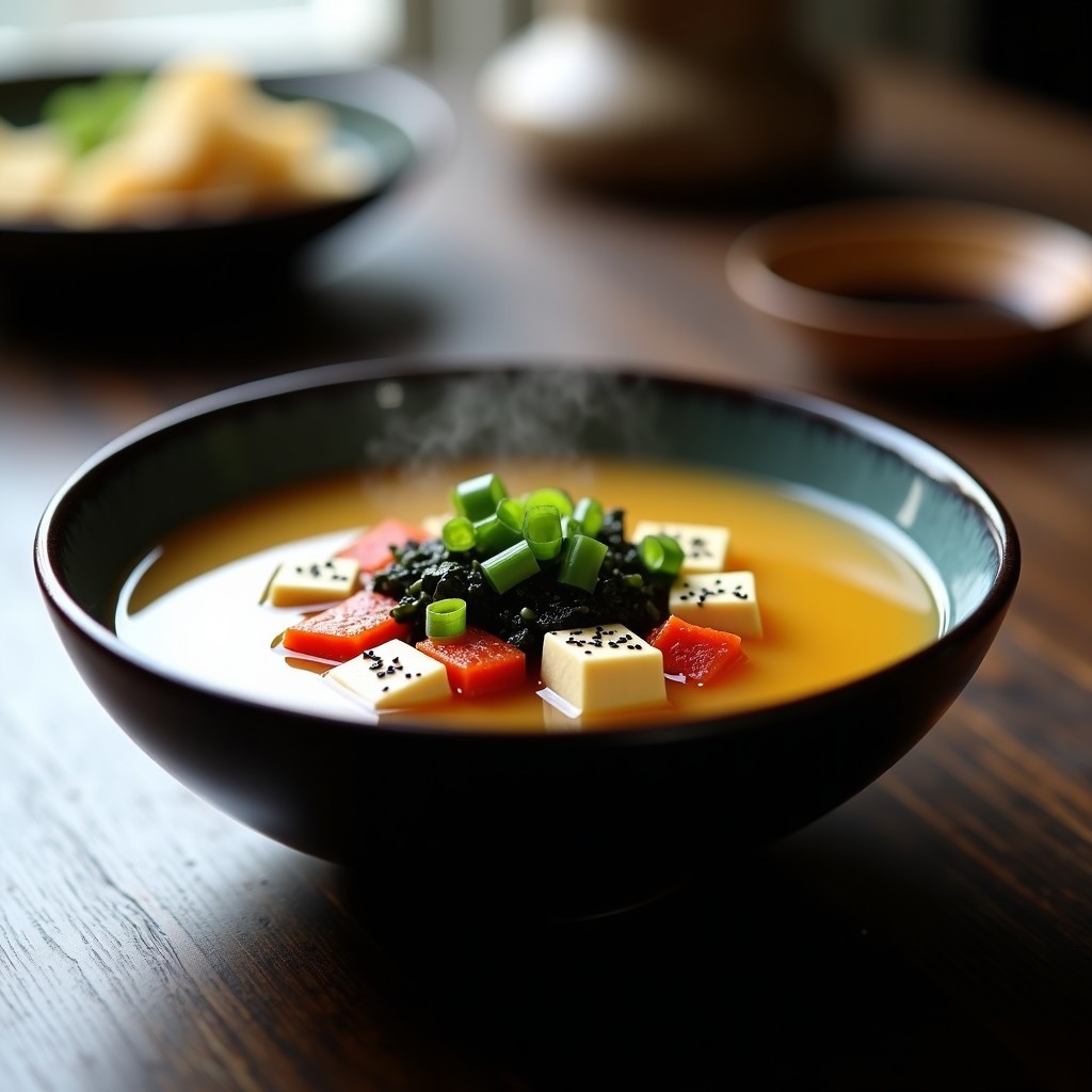 Cuenco de cerámica negra con sopa de miso humeante, trozos de tofu sedoso, kimchi rojo y algas wakame, decorado con cebollino y semillas de sésamo, sobre fondo de madera oscura.
