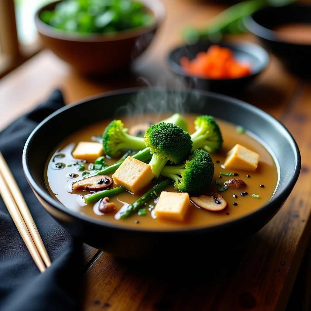 Cuenco de cerámica negra con sopa de miso espumosa, verduras wok coloridas, tofu dorado y semillas de sésamo, servida sobre mesa de madera rústica.