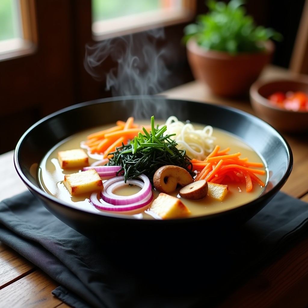 Cuenco de cerámica negra con sopa de miso espumosa, verduras wok coloridas, tofu dorado y algas wakame, decorado con ciboulette. Receta express japonesa.