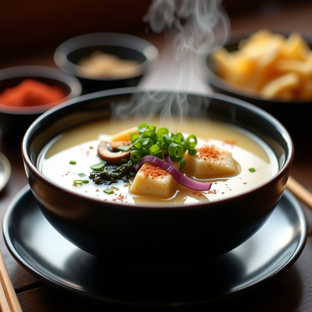 Cuenco de cerámica negra con sopa de miso cremosa, tofu sedoso, algas wakame y cebollino fresco, decorado con un hilo de aceite de sésamo y polvo de verniz roja. Receta en airfryer.