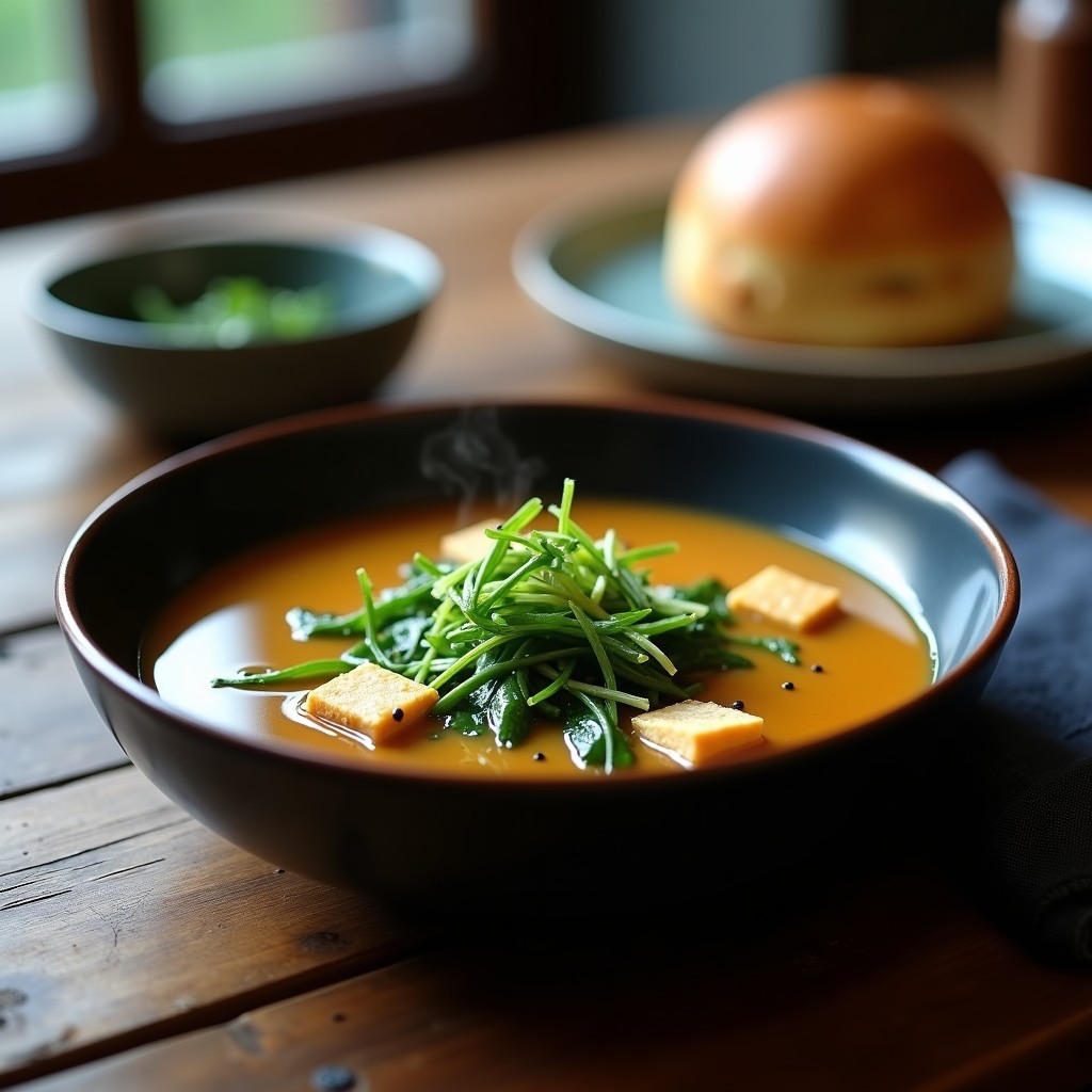 Cuenco negro de cerámica con sopa de miso crudivegana: caldo dorado con tiras de verniza verde, cubos de tofu dorado, pepino en juliana y semillas de sésamo negro. Decorado con cebollino fresco y servido sobre una tabla de madera rústica.