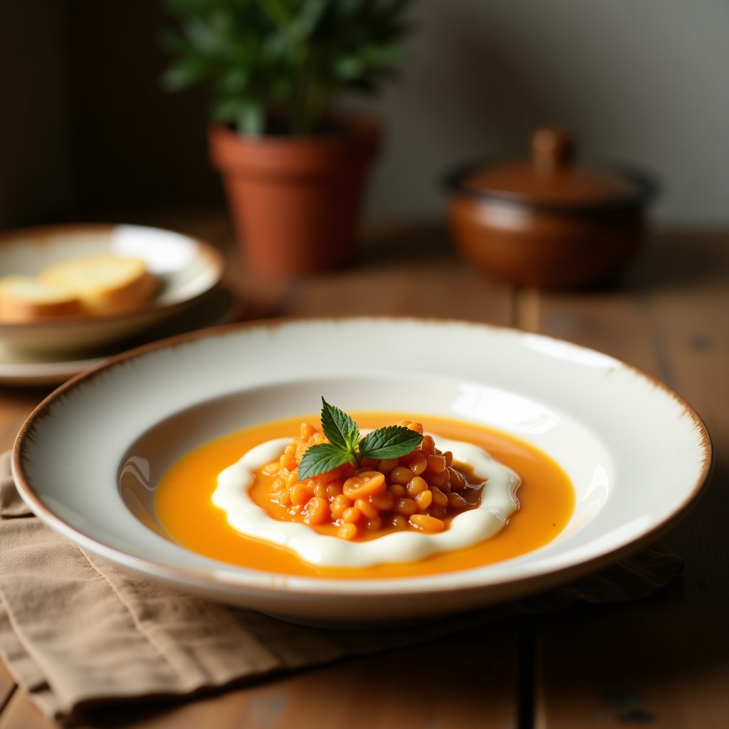Cuenco blanco profundo con sopa de miso y yogur griego especiado, decorado con cebollino picado y semillas de sésamo tostadas, servido sobre una mesa de madera rústica con una cuchara de madera.