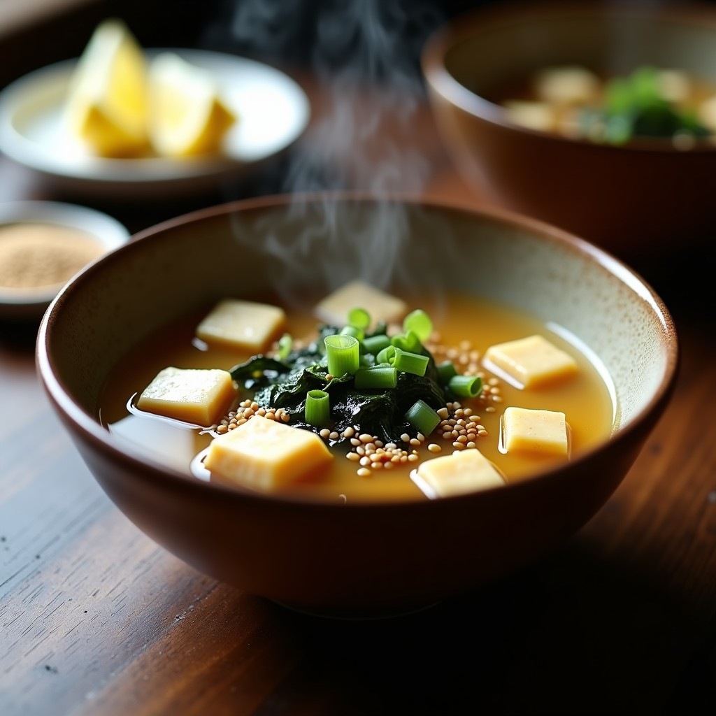 Bol de sopa de miso humeante con tofu sedoso, algas wakame y zaatar espolvoreado, decorada con cebolla verde y semillas de sésamo.
