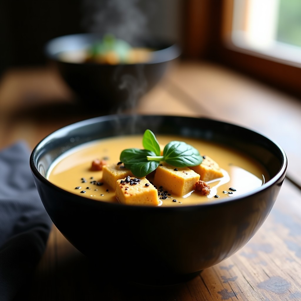Cuenco de cerámica negro con sopa de miso y zaatar vegana, tofu dorado, espinacas verdes y semillas de sésamo, servida en un plato rústico con fondo de madera.
