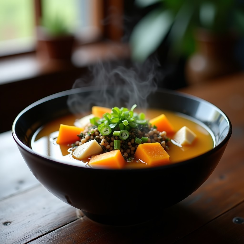 Cuenco negro de cerámica con sopa de miso zen humeante, trozos de calabaza kabocha, shiitake, tofu sedoso y algas wakame, decorado con cebollino y aceite de sésamo.