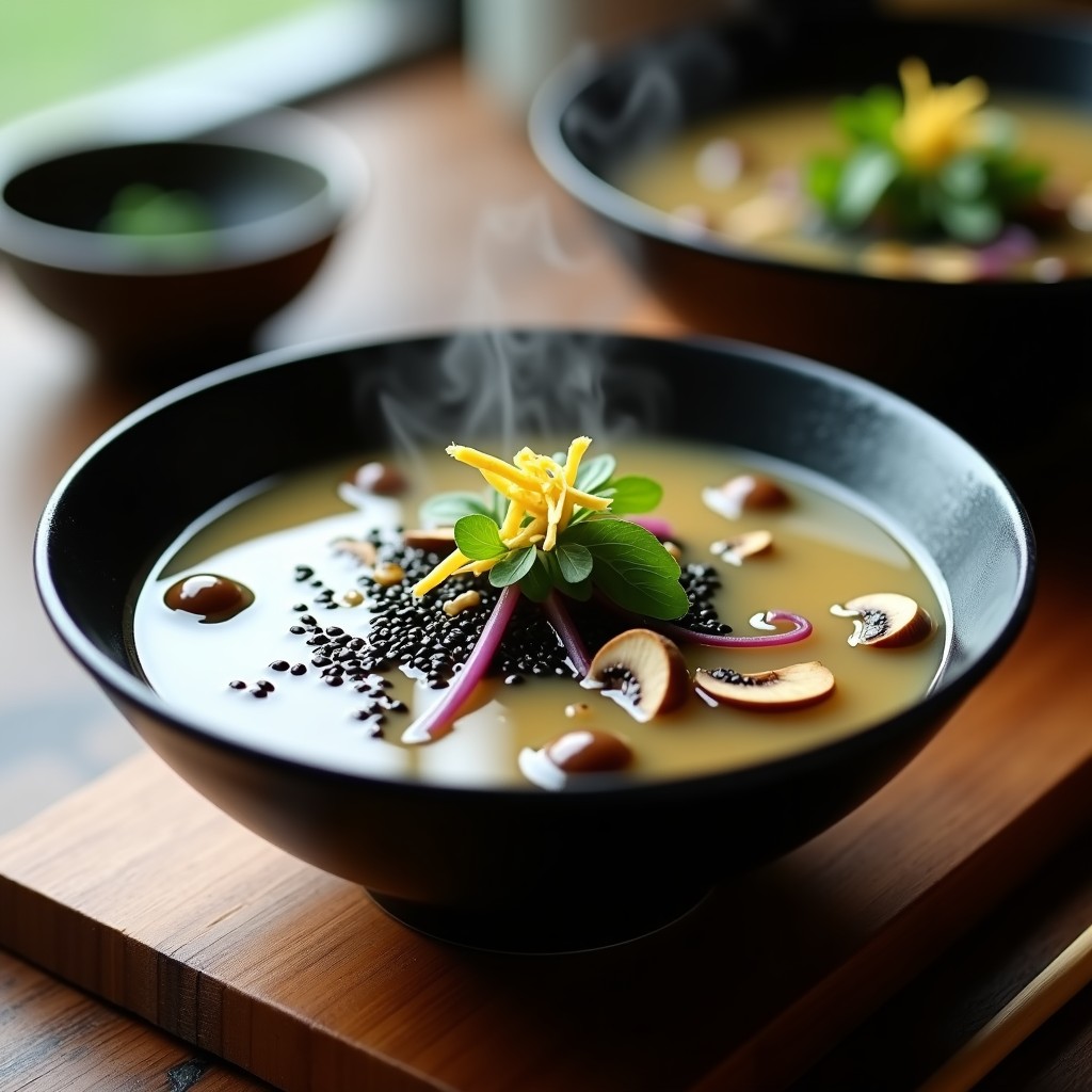 Cuenco de cerámica negra con sopa de misoshiro humeante, champiñones shitake dorados, algas wakame verdes y semillas de sésamo negro espolvoreadas. Plato vegano antiinflamatorio japonés con fondo de madera rústica.