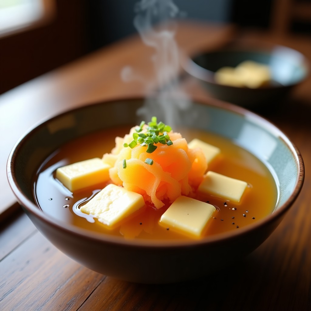 Cuenco de cerámica japonesa con sopa de misoshiro humeante, tofu sedoso en cubos, algodón de azúcar de patata esparcido por encima y decoración de cebollino y semillas de sésamo negro. Receta japonesa innovadora con contraste de sabores dulces y umami.
