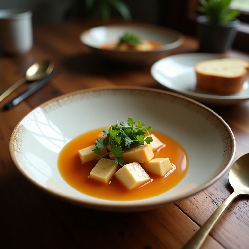 Cuenco de cerámica blanca con sopa misoshiro vegana humeante, trozos de tofu sedoso flotando, algas wakame hidratadas y semillas de sésamo tostadas, decorada con cebollino fresco.