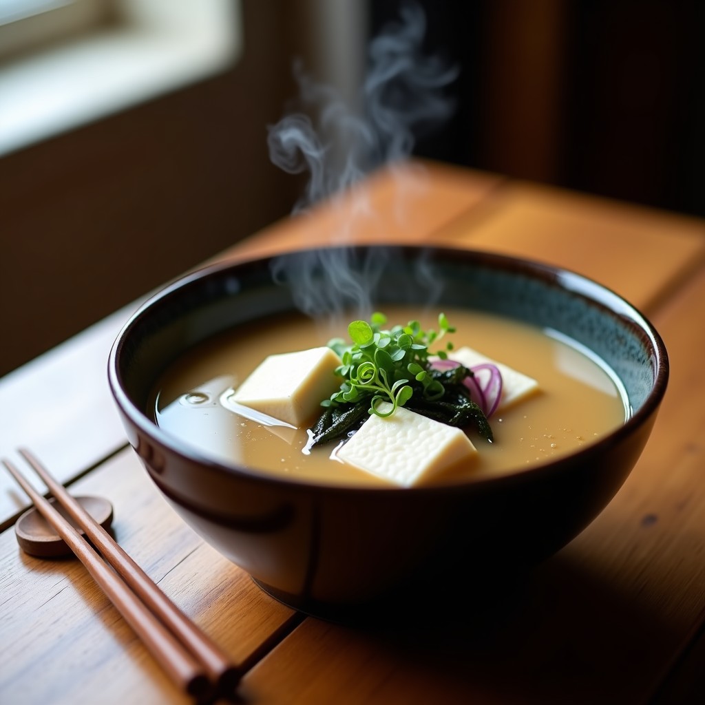 Cuenco de cerámica japonesa con sopa misoshiru humeante, tofu sedoso, algas wakame y cebollino fresco, sobre fondo de madera oscura.