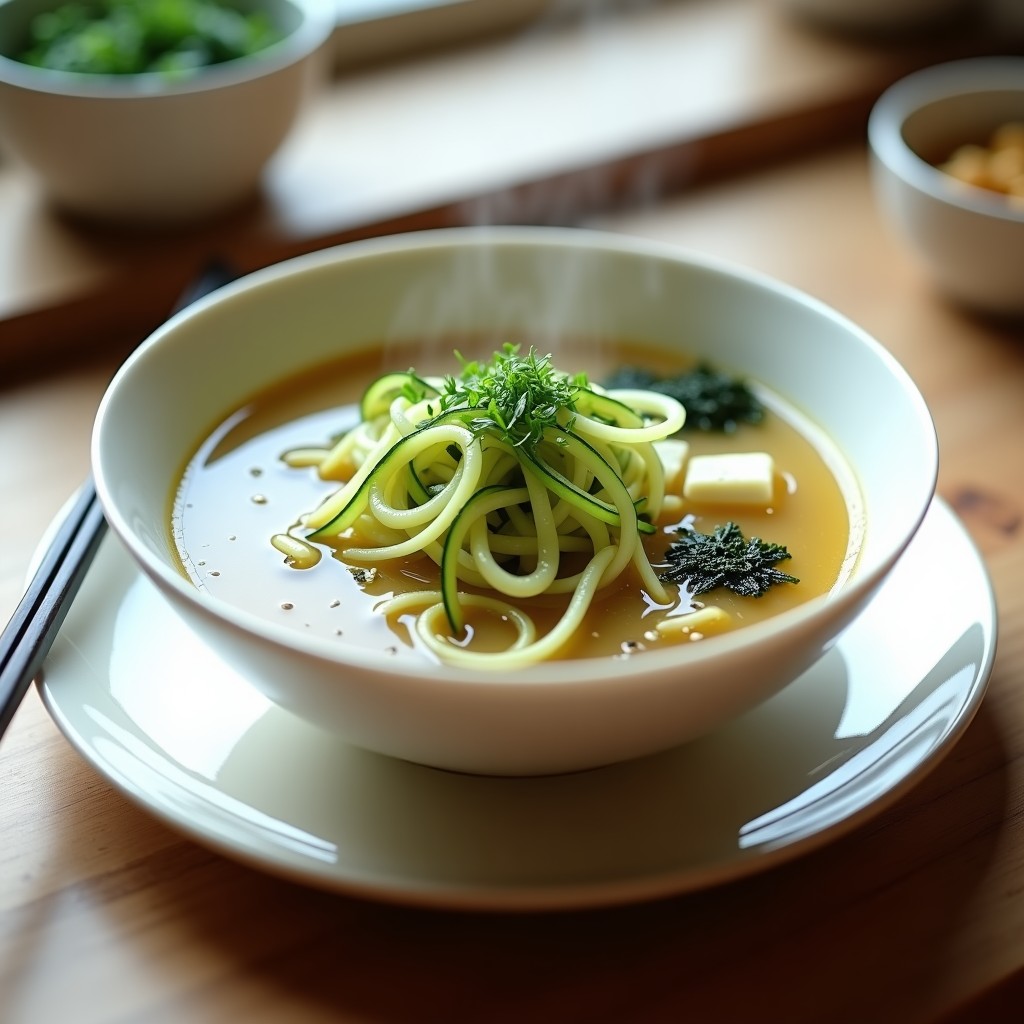 Cuenco blanco con sopa de misoshiru humeante, calabacín espiralizado verde brillante, cubos de tofu sedoso, algas wakame y semillas de sésamo tostado. Fondos de cebollino fresco picado y un hilo de aceite de sésamo. Receta japonesa light en Thermomix.