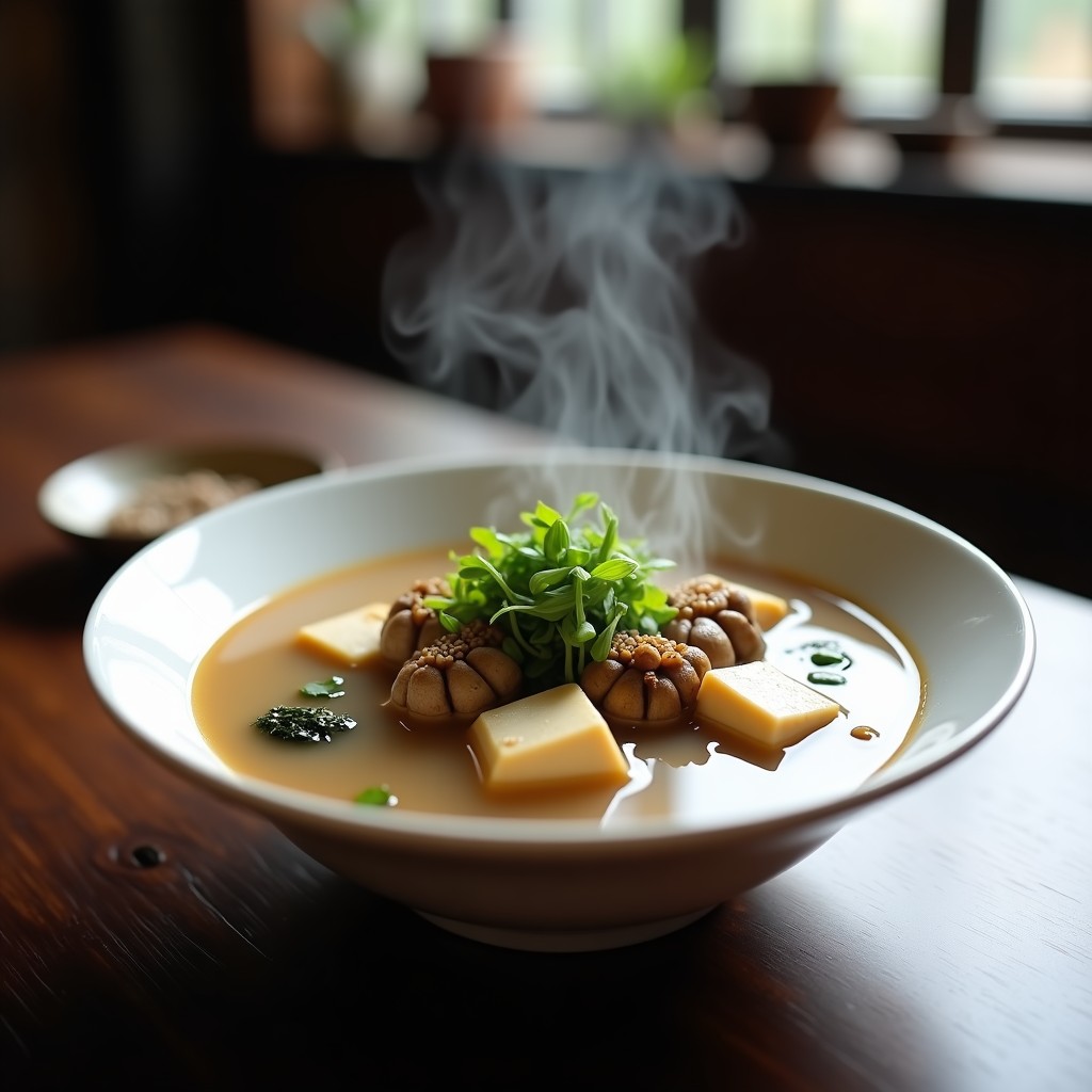 Cuenco de cerámica blanca con sopa de misoshiru humeante, champiñones shimeji marrones, tofu sedoso y algas wakame, decorada con cebolla verde y semillas de sésamo, sobre fondo de madera oscura.
