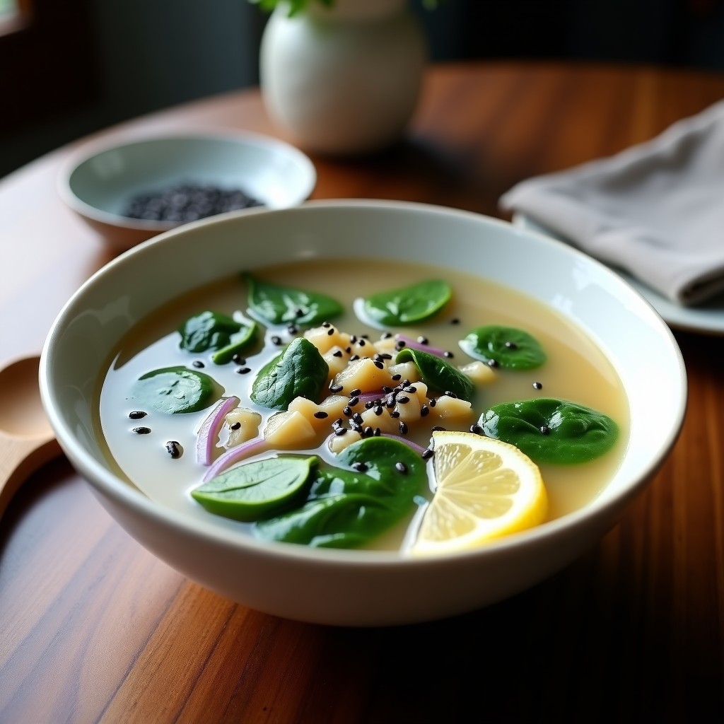 Cuenco de cerámica blanca con sopa de misoshiru humeante, espinacas verdes vibrantes, semillas de sésamo negro espolvoreadas y rodajas de limón al lado. Receta japonesa detox y sin lactosa.