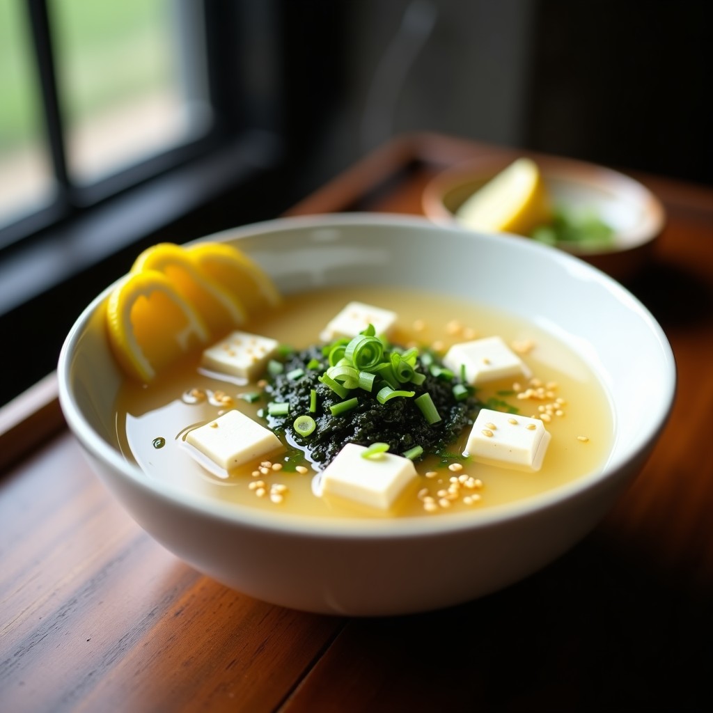 Cuenco blanco humeante con sopa de misoshiru de color beige claro, cubos de tofu sedoso flotando, algas wakame verdes, cebollino picado y semillas de sésamo tostadas. Toque de aceite de sésamo brillante en la superficie. Fondos de limón yuzu amarillo al lado.