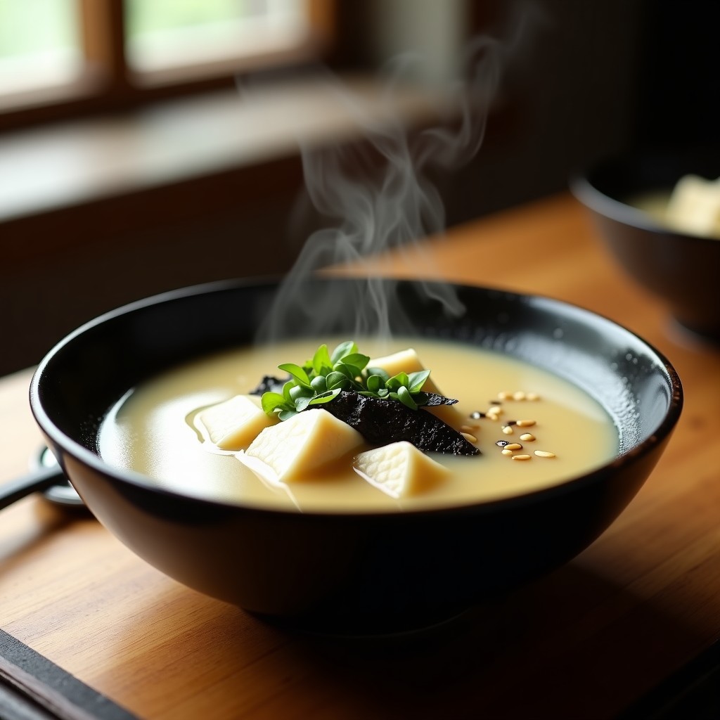 Cuenco de cerámica negra con sopa misoshiru humeante, tofu sedoso en cubos, algodón de azúcar de mar disuelto creando espuma blanca, decorado con semillas de sésamo, alga nori y cebollino fresco. Receta japonesa reinterpretada con fusión dulce-salada.