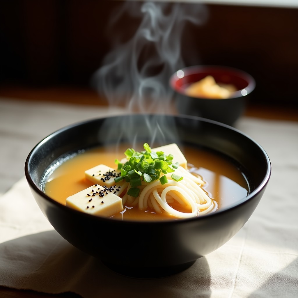Cuenco de cerámica negra con sopa de Misoshiru humeante, trozos de tofu de almendras dorados, hebras blancas de algodón de konjac, cebollino picado y semillas de sésamo negro espolvoreadas. Fondo minimalista con mantel de lino beige.