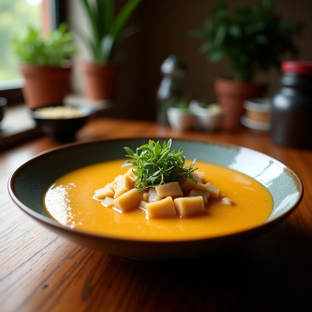 Cuenco de cerámica negra con sopa de misoshiru humeante, tofu de semillas de cáñamo dorado en cubos, algas wakame verdes, cebollino picado y semillas de cáñamo tostadas espolvoreadas. Receta japonesa keto y alta en proteína.