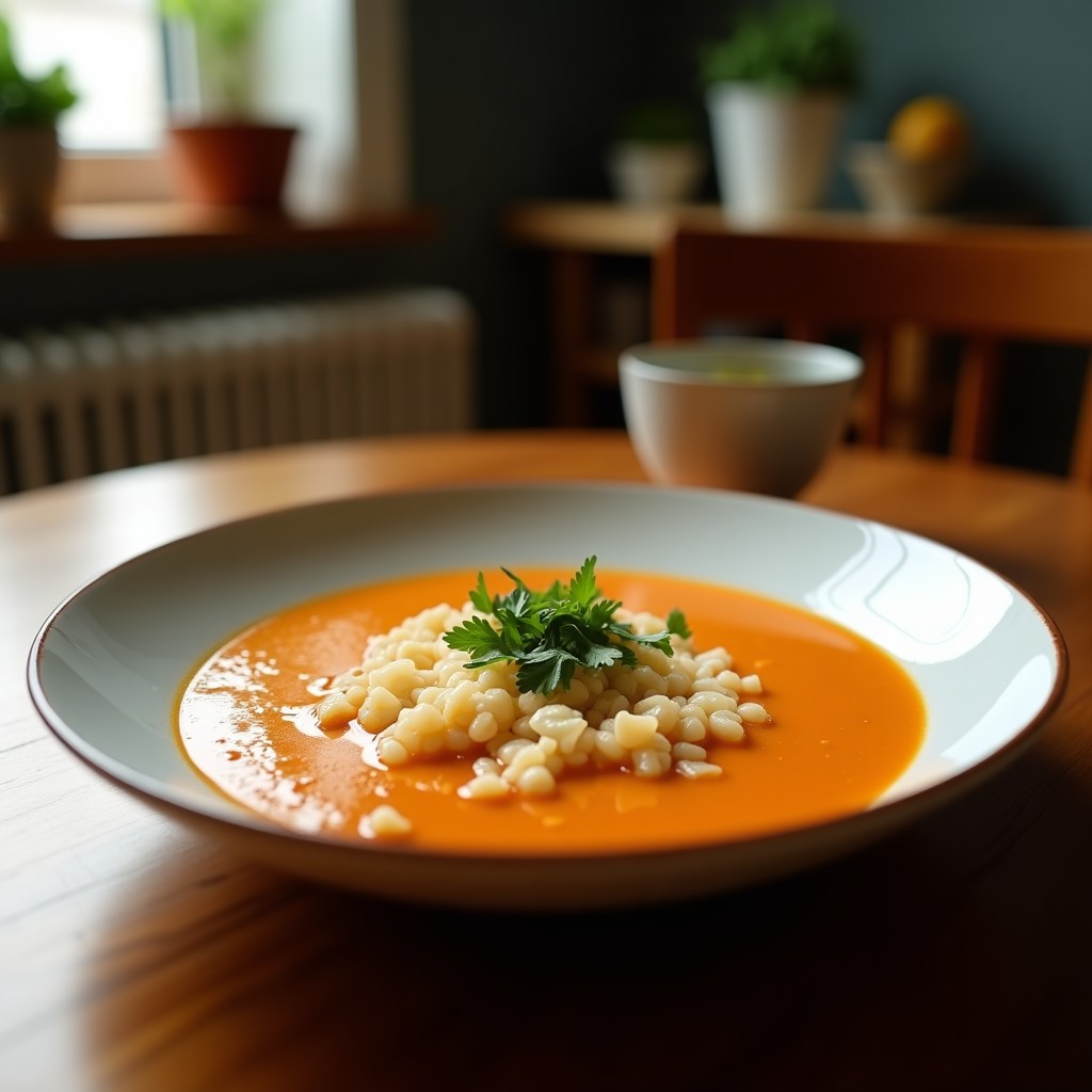Cuenco de cerámica negra con sopa de misozuke y raíz de loto en olla exprés, rodajas de loto doradas, trozos de misozuke oscuro, algas wakame y semillas de sésamo negro. Fondos de cebollino y ralladura de yuzu. Estilo japonés minimalista.