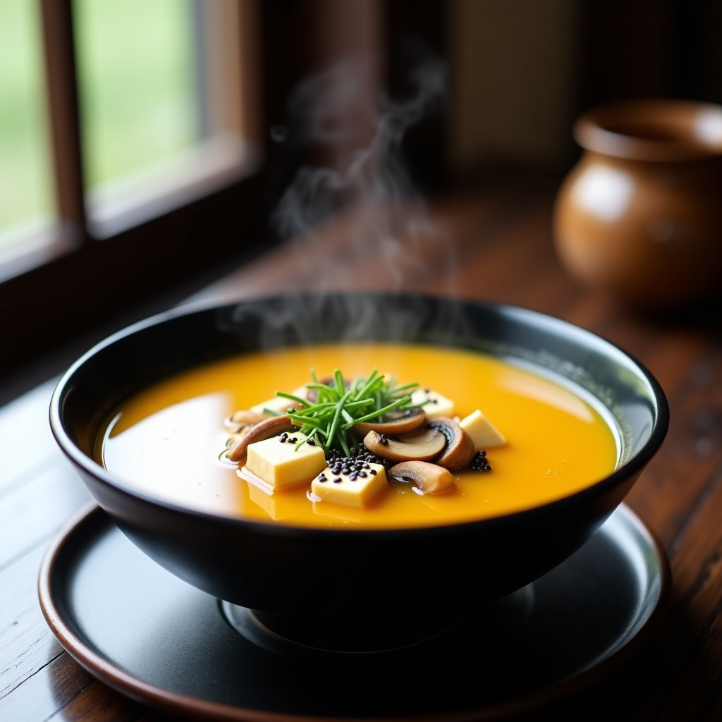 Cuenco negro de cerámica con sopa de misso humeante, tofu sedoso en cubos, láminas de hongos shiitake y semillas de sésamo negras, decorado con cebollino fresco sobre fondo de madera oscura.