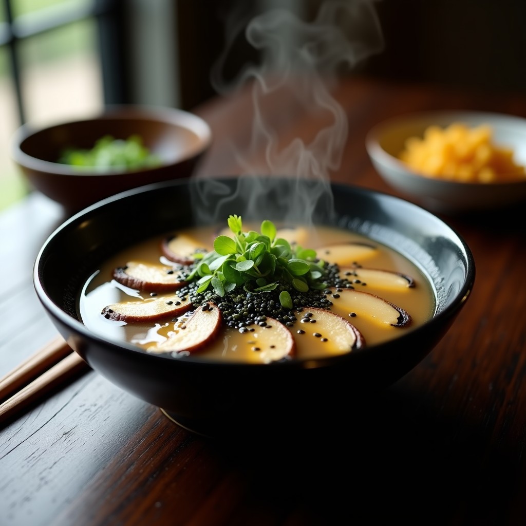 Cuenco hondo de cerámica negra con sopa de misu humeante, hongos portobello en láminas, algas wakame, tofu sedoso y semillas de sésamo negro. Fondos de cebollino picado y zesta de limón sobre la superficie dorada. Receta macrobiótica en olla exprés.