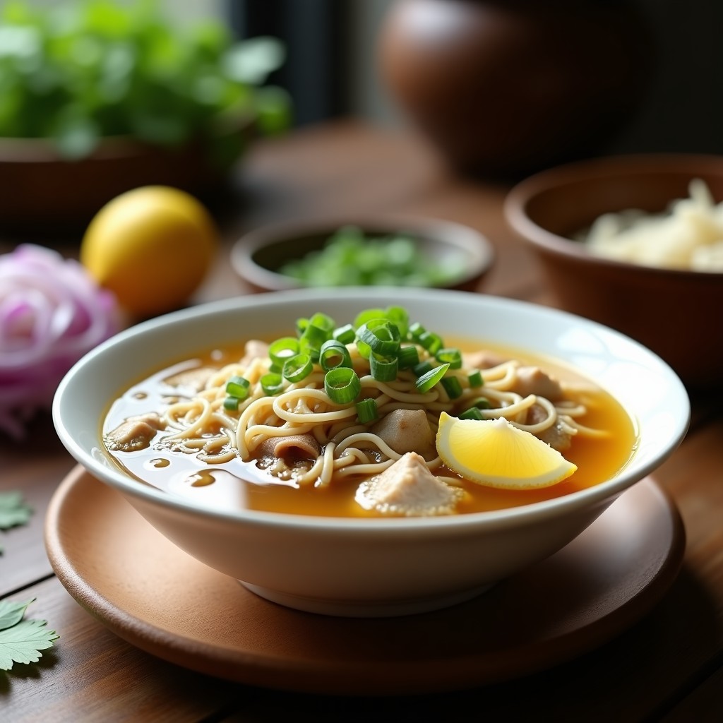 Bowl hondo de cerámica blanca con sopa de misua transparente, fideos finos, hongos enoki blancos en mechones, jengibre rallado y cebollino picado. Fondos de caldo dorado con reflejos de aceite de sésamo, servida en una mesa de madera rústica con limón filipino al lado.