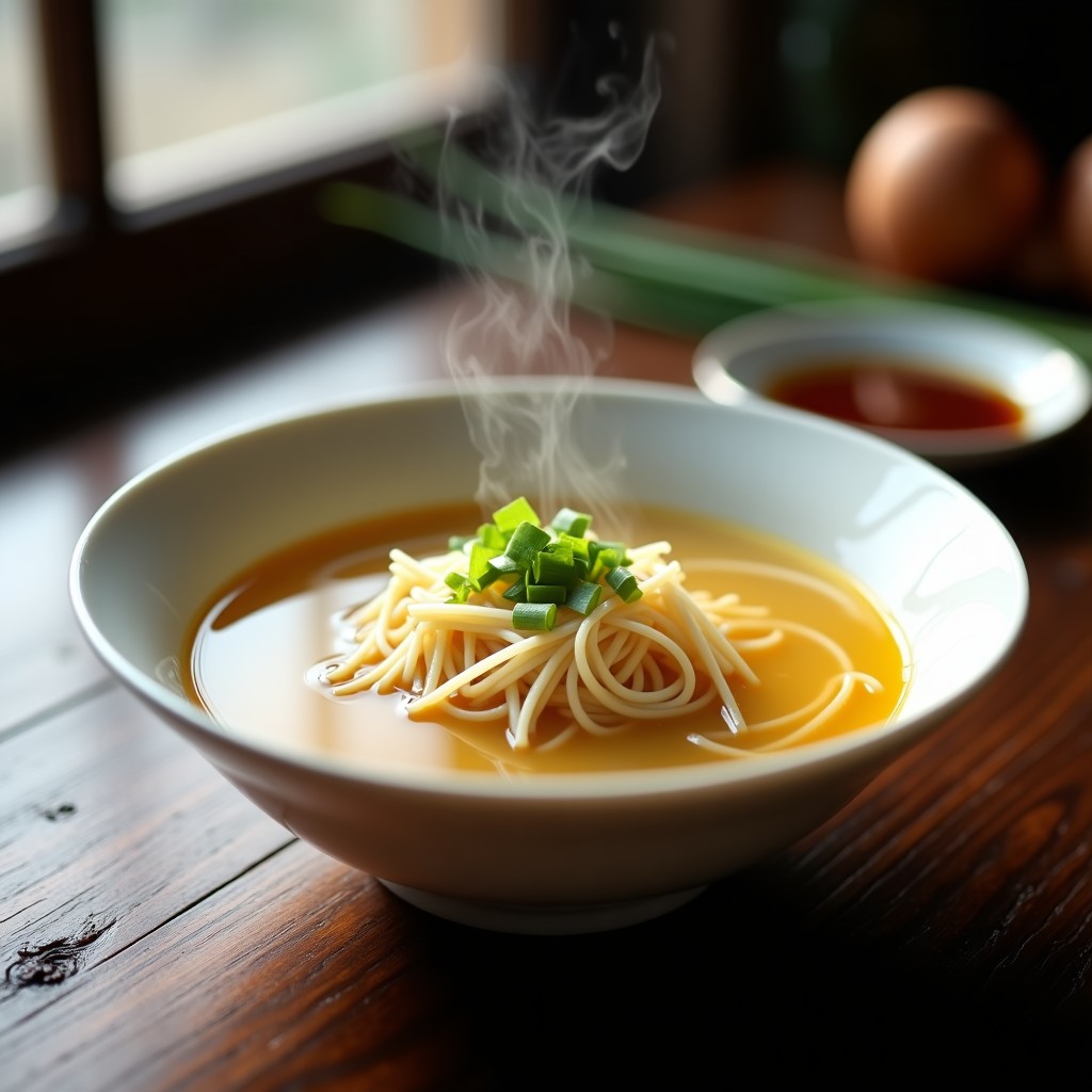 Cuenco hondo de porcelana blanca con sopa de misua humeante, fideos finos sumergidos en caldo dorado, hebras de huevo sedosas y cebollino picado fresco espolvoreado por encima, sobre fondo de madera oscura con palillos chinos.