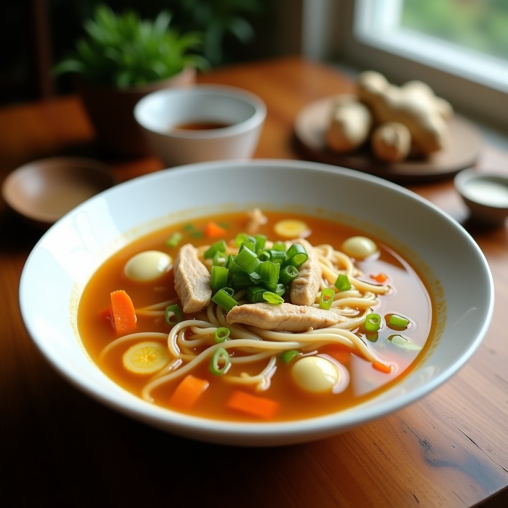 Plato hondo de cerámica blanca con sopa de misua filipina: fideos finos y sedosos en caldo dorado, trozos de pollo tierno, juliana de zanahoria, apio y hilos de huevo cocido. Decorado con cebollino fresco y un chorrito de aceite de sésamo. Fondo de madera rústica con utensilios de cocina al lado.