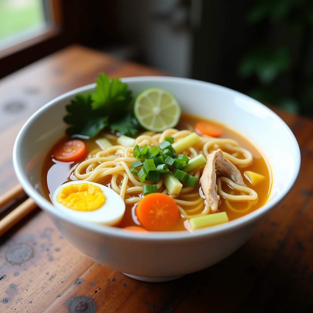 Plato hondo de cerámica blanca con sopa de misua filipina, fideos finos sumergidos en un caldo dorado con trozos de pollo desmenuzado, rodajas de jengibre, zanahoria, apio y huevo duro cortado por la mitad. Decorado con cebollino fresco y una rodaja de limón al lado. fondo rústico de madera con cuchara de madera.