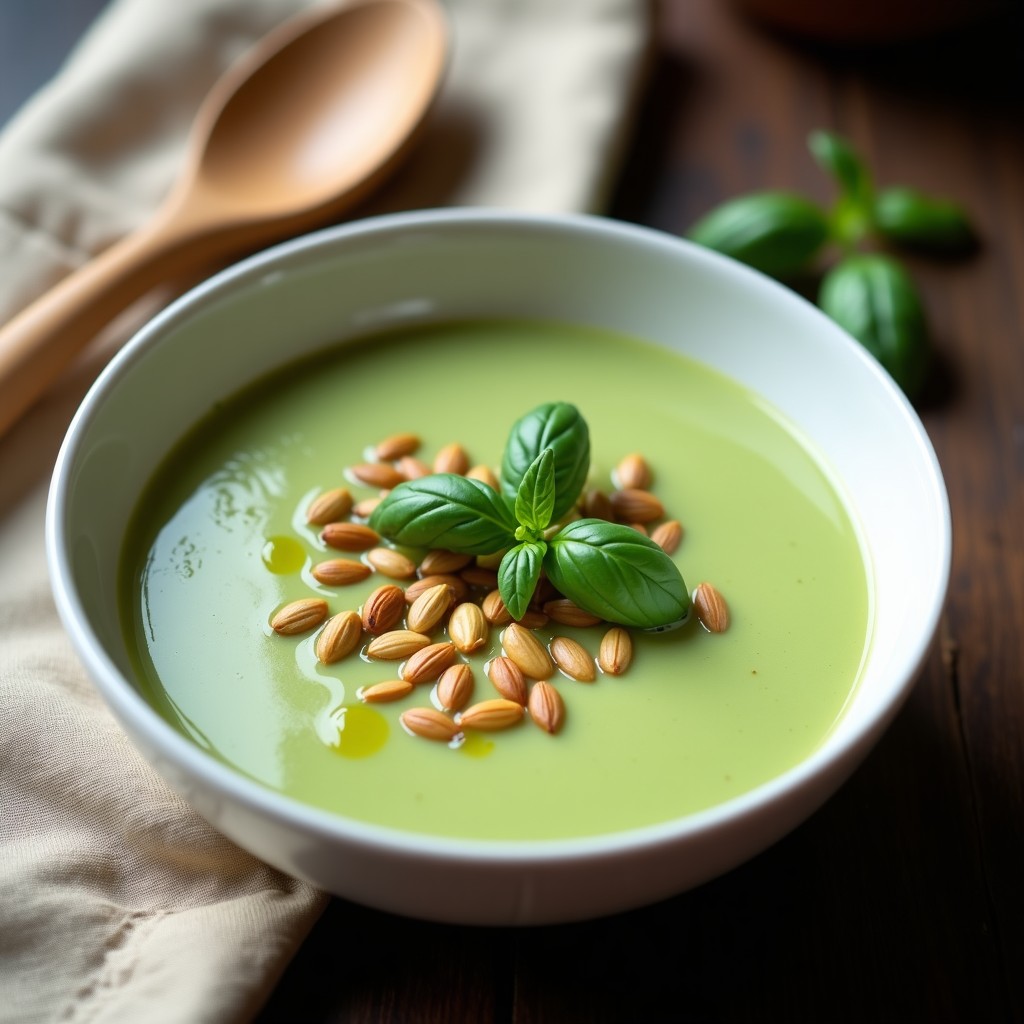 Cuenco hondo de cerámica blanca con sopa de musselina de calabacín y albahaca keto, textura cremosa y sedosa, decorada con hojas de albahaca fresca y un hilo de aceite de albahaca. Fondo rústico con mantel de lino beige y cuchara de madera.