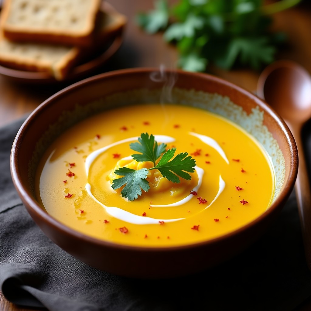 Sopa africana vegana de ñame morado y puerro en un bol de barro, con azafrán dorado espolvoreado, cilantro fresco y un chorrito de limón. Textura cremosa con trozos de ñame visibles, servida sobre una mesa de madera rústica.