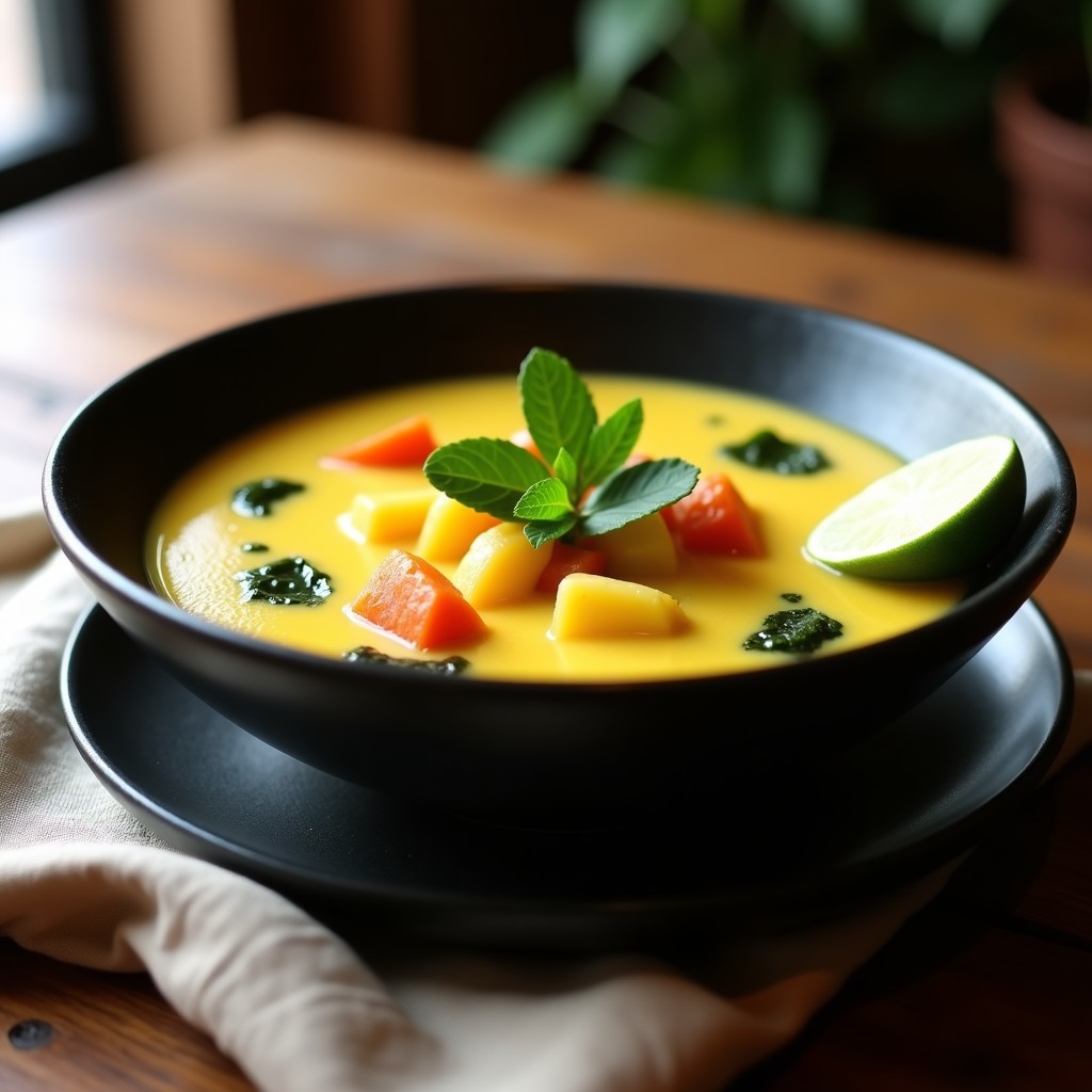 Plato hondo de cerámica negra con sopa cremosa de pallares amarillos, trozos de papa, zanahoria y hojas verdes de huacatay fresco. Receta tradicional peruana vegana en olla express, servida con un toque de limón.