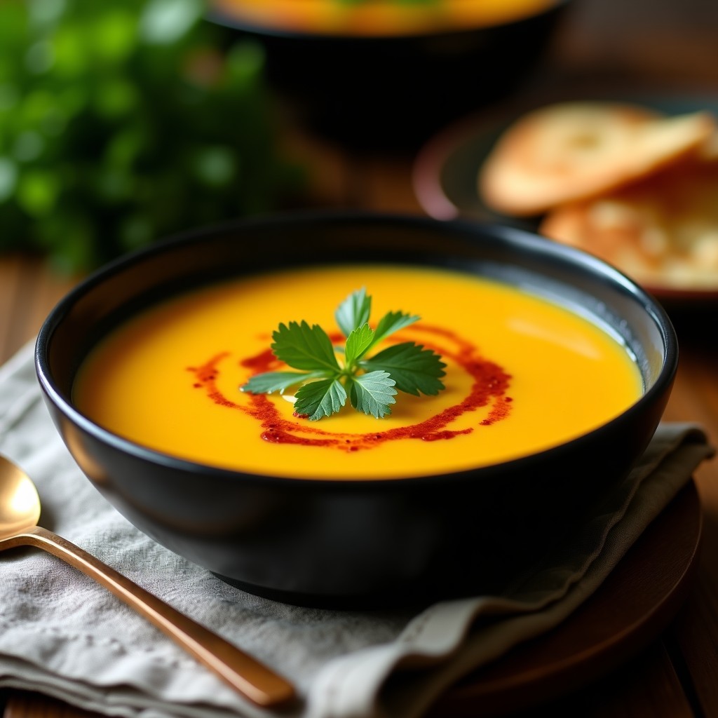 Cuenco de cerámica negra con sopa pamasana vegana cremosa, decorada con cilantro fresco y un hilo de aceite de oliva, servida sobre una tabla de madera rústica.