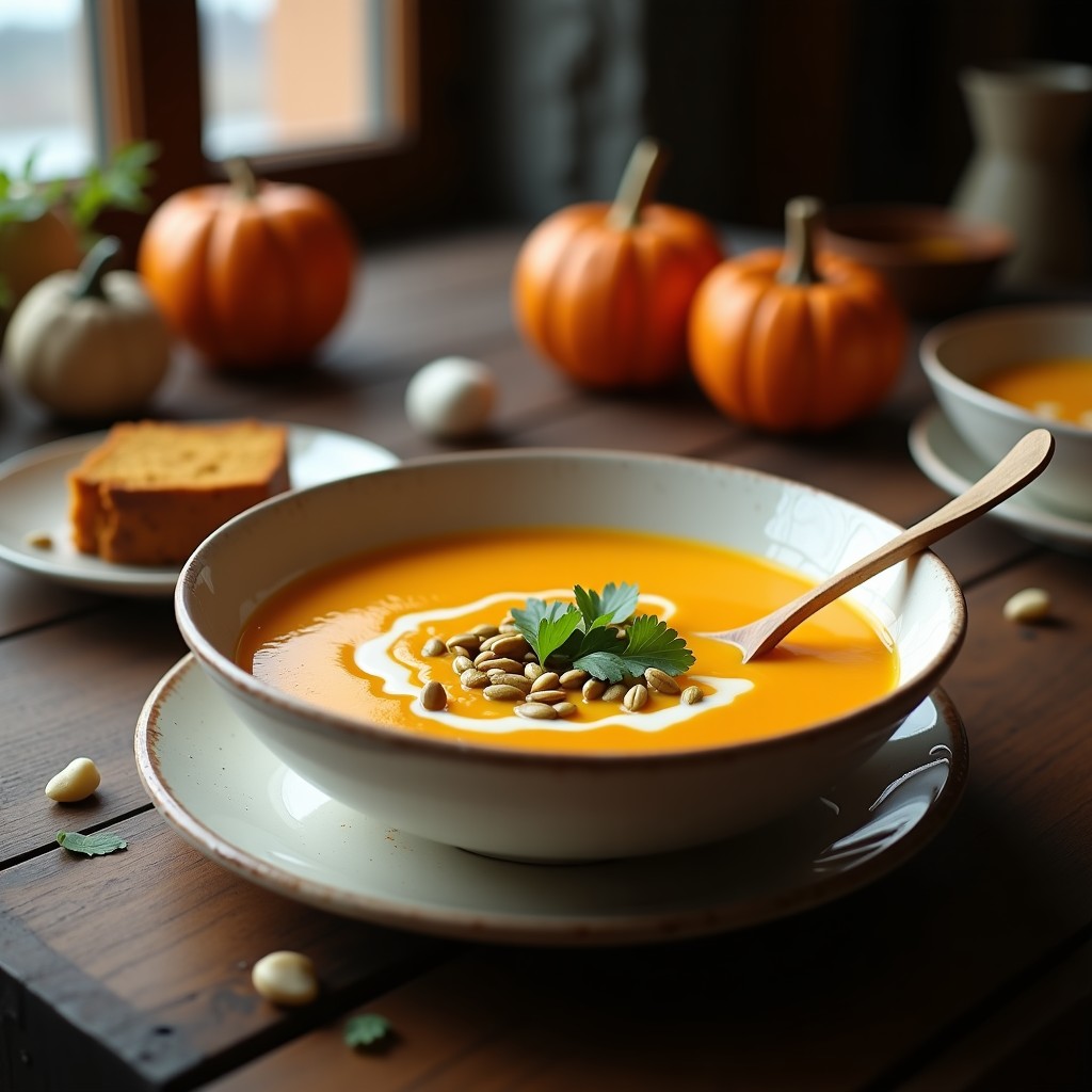 Cuenco hondo de cerámica blanca con sopa cremosa de calabaza butternut y pan de jengibre, decorada con trozos de pan de jengibre tostado y un hilo de nata líquida. Fondo de mesa de madera rústica con una cuchara de madera y una rebanada de pan de jengibre al lado. Ambiente cálido de invierno.