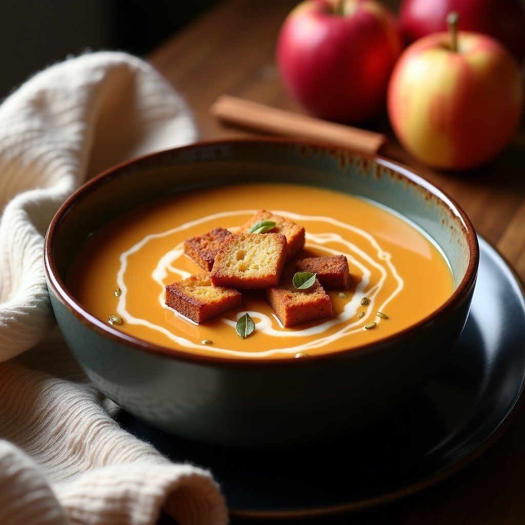 Cuenco hondo de cerámica oscura con sopa cremosa de pan de jengibre y manzana asada keto, decorada con croutons dorados, gajos de manzana caramelizada y semillas de calabaza. Fondo rústico con telas de lana y una rama de canela.