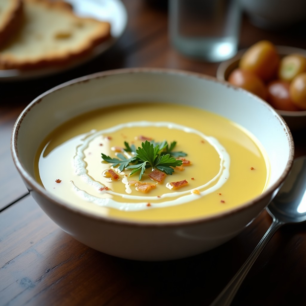 Cuenco de cerámica blanca con sopa cremosa de papa y poro ahumado, decorada con nata vegetal y perejil fresco, servida sobre fondo rústico de madera.