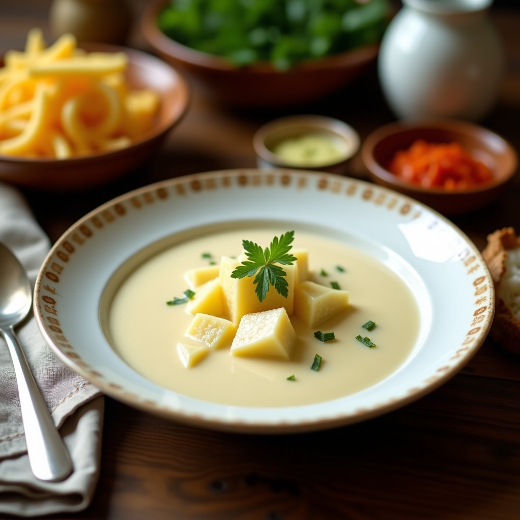 Tazón blanco hondo con sopa cremosa de papa y poro, coronada con un hilo de aceite de oliva y cilantro fresco, servida sobre mesa rústica de madera.