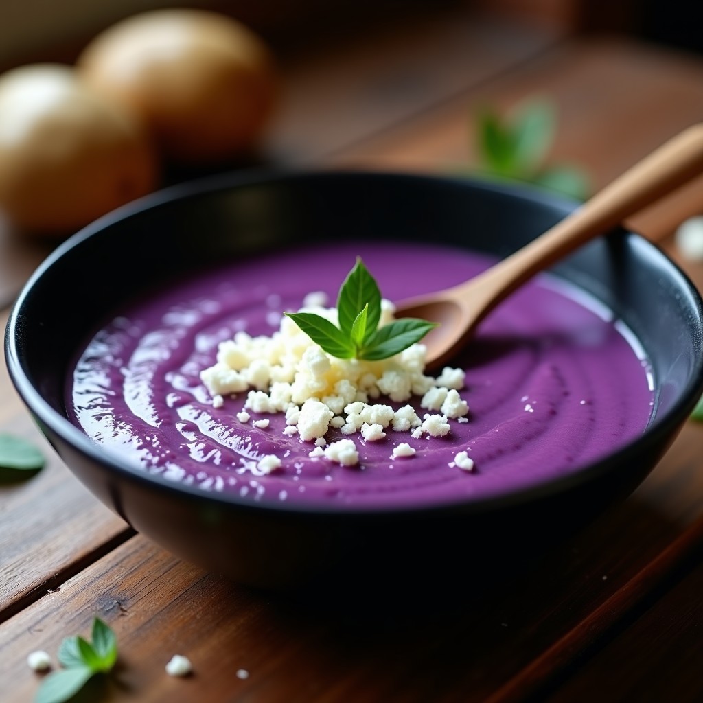 Plato hondo de cerámica negra con sopa de papa purple peruana, color morado intenso, decorada con queso fresco desmenuzado y hojas de huacatay, servida con cuchara de madera.