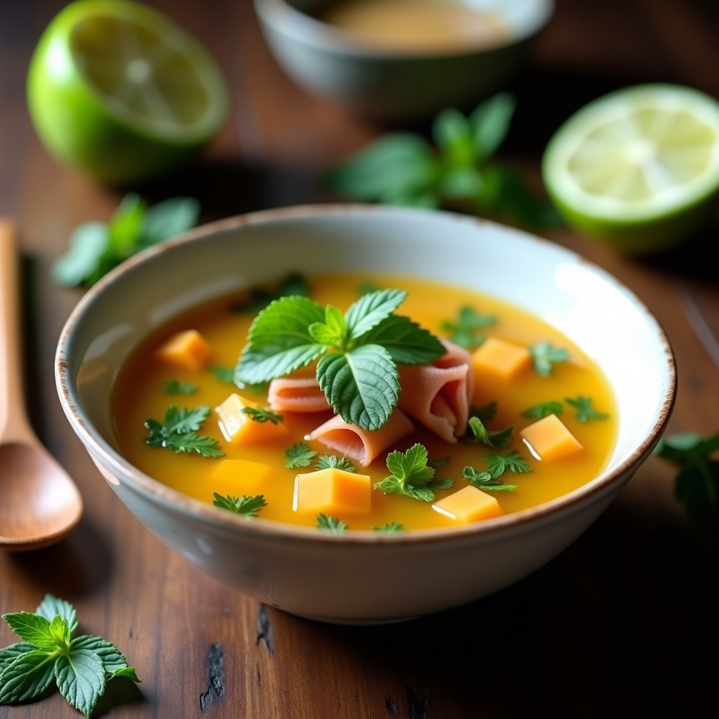 Cuenco hondo de cerámica blanca con sopa de papaya verde en cubos y taquitos de jamón serrano, bañada en un caldo dorado con leche de coco. Decorada con cilantro fresco y una rodaja de limón al lado. Fondo rústico de madera con especias y hierbas frescas.