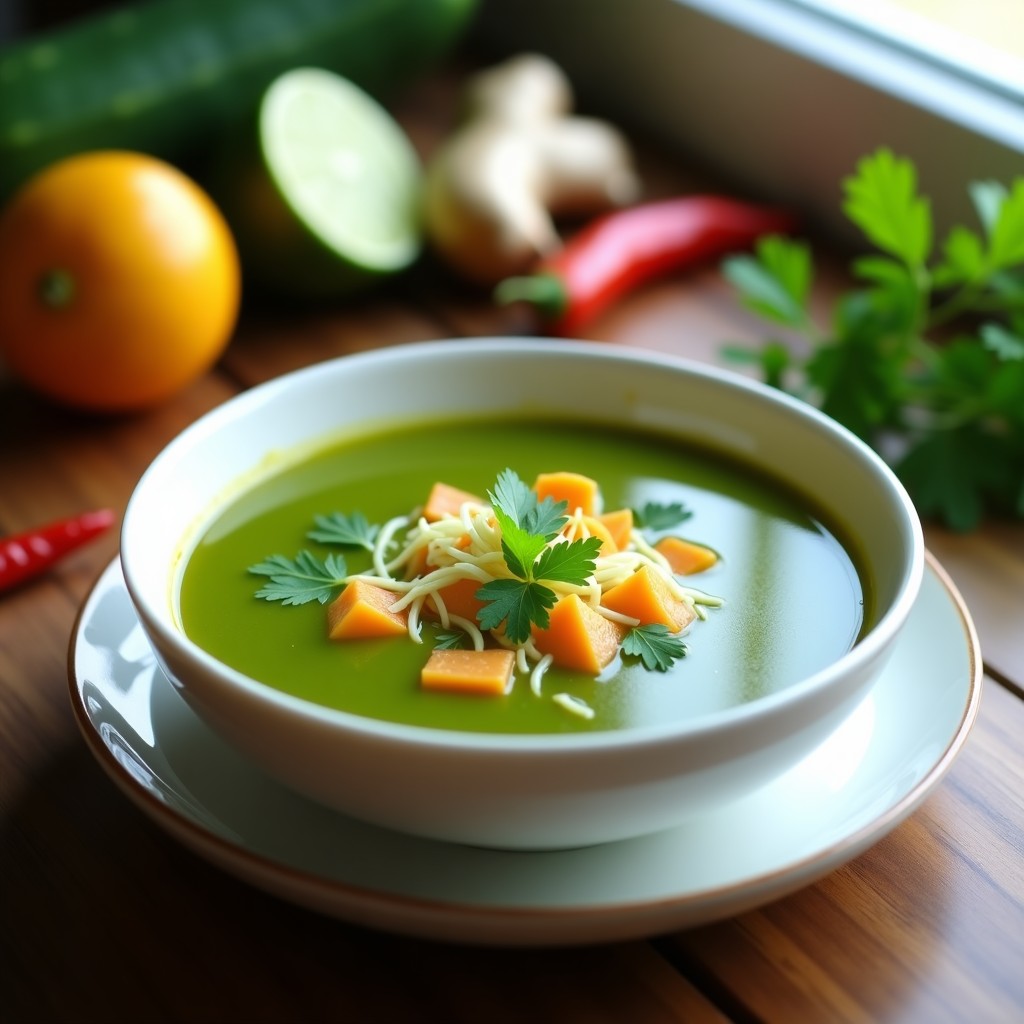 Cuenco blanco con sopa de papaya verde en trozos, jengibre rallado y cilantro fresco, servida en airfryer con fondo de ingredientes crudos.