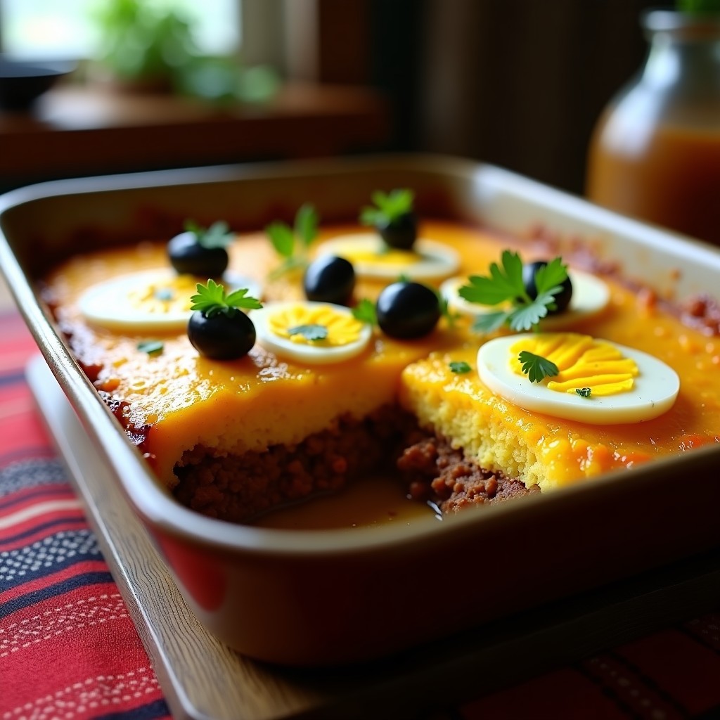 Molde rectangular de sopa paraguaya rellena de carne molida, dorada y esponjosa, con huevo duro en rodajas sobre la superficie, acompañada de aceitunas y hierbas frescas.