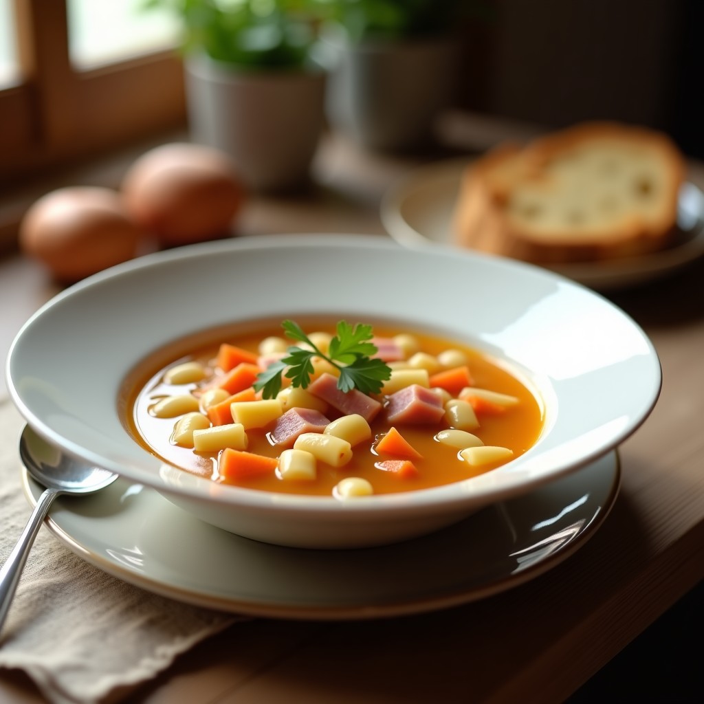 Plato hondo blanco con sopa de pasta alfabeto, jamón cocido en taquitos, zanahoria y apio, decorado con perejil fresco.