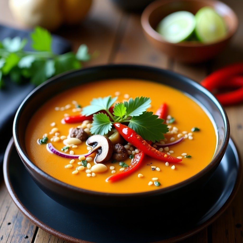 Cuenco hondo de cerámica negra con sopa tailandesa de pasta de cacahuete y jengibre, cremosa y dorada, decorada con cilantro fresco, rodajas de chile rojo y semillas de sésamo tostadas.