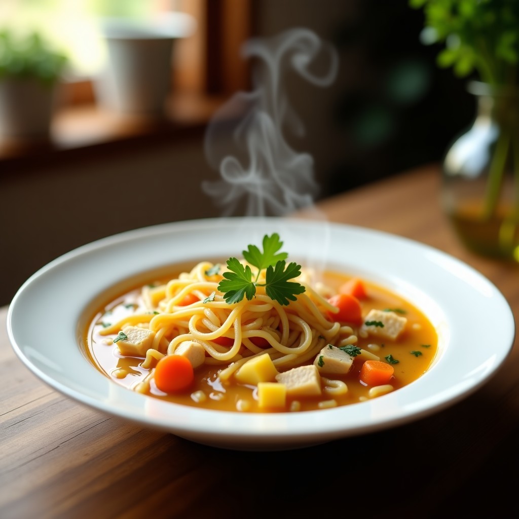Plato hondo blanco con sopa de pasta fideo casera humeante, trozos de pollo, zanahoria, hilos de huevo y perejil fresco, servida en una mesa rústica.