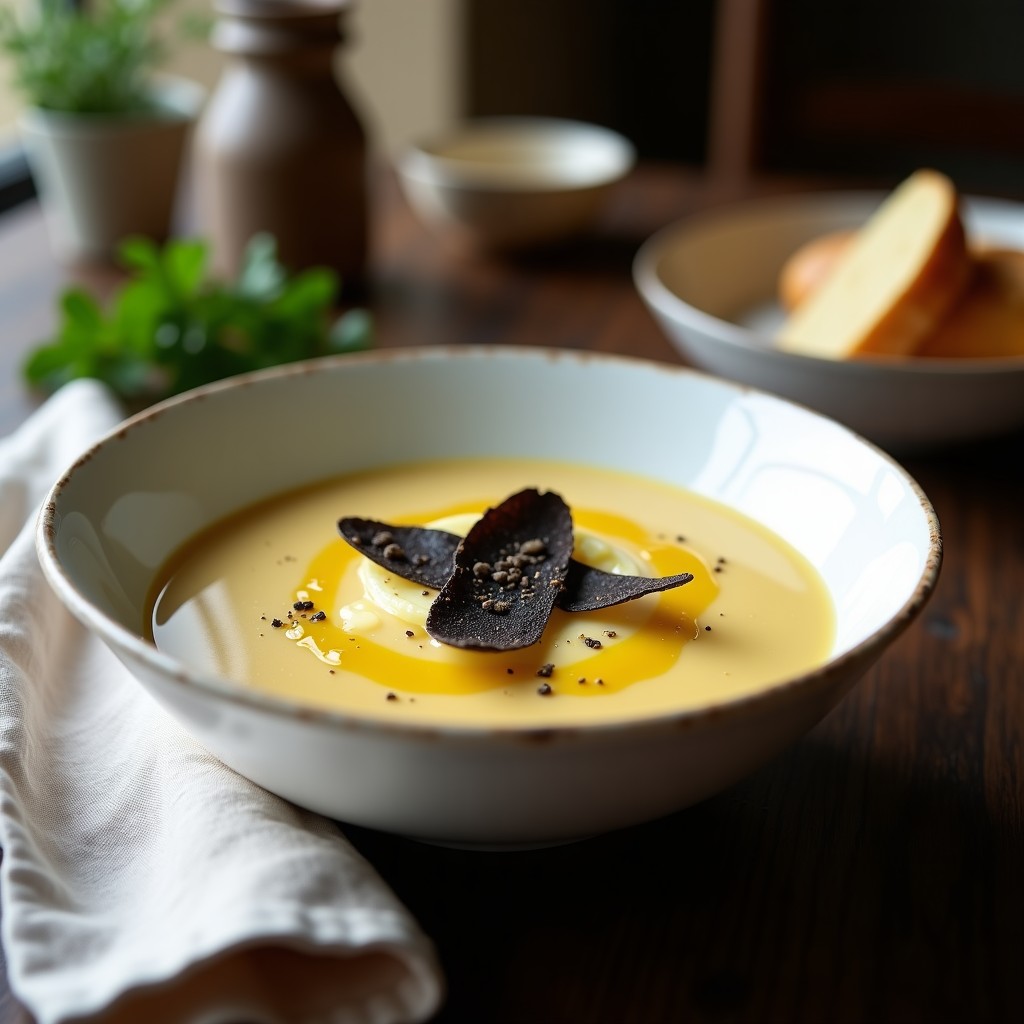 Cuenco blanco de porcelana con sopa de patata y trufa negra cremosa, decorada con láminas de trufa fresca y un hilo de aceite de trufa, sobre fondo de madera rústico.
