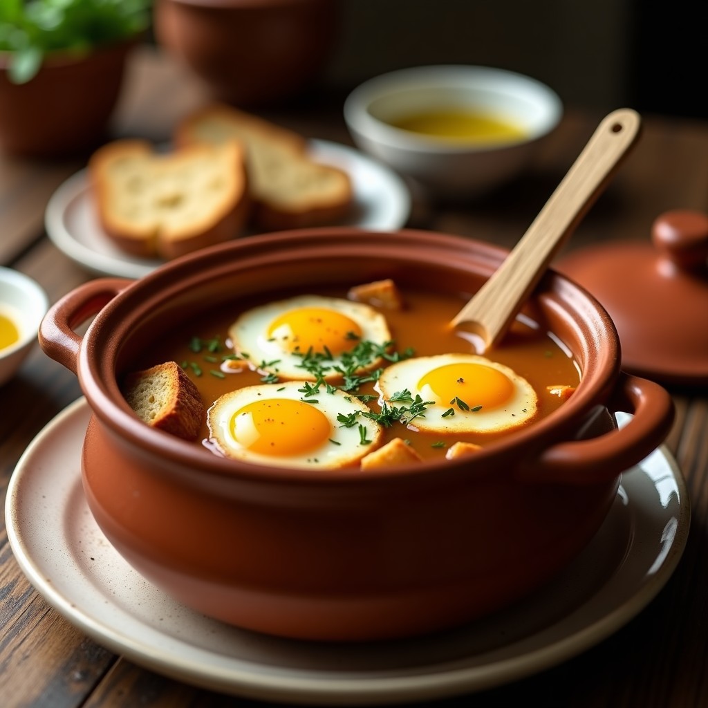 Cazuela de barro humeante con sopa pendeja andaluza, huevos escalfados y perejil, receta tradicional con pan y pimentón.