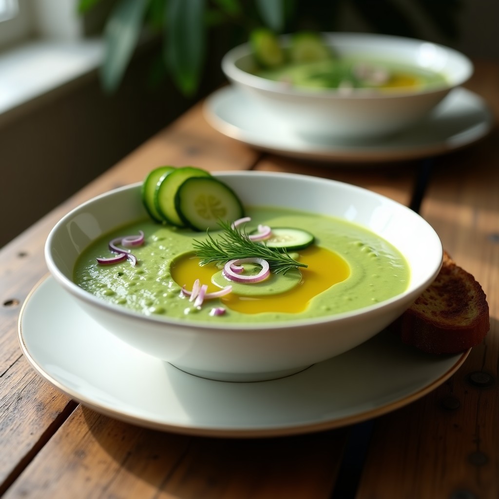 Cuenco de cerámica blanca con sopa fría de pepino y aguacate con eneldo, decorada con rodajas de pepino, hojas de eneldo fresco y un hilo de aceite de girasol. fondo de madera rústica con pan de centeno tostado al lado. Receta ucraniana sin lácteos.