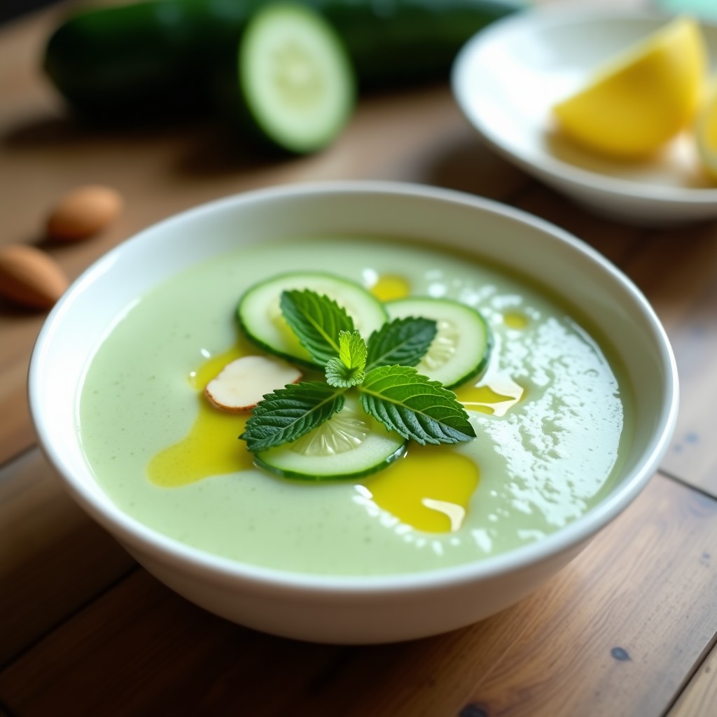 Cuenco blanco con sopa fría de pepino y almendras, decorada con rodajas de pepino, hojas de menta y un hilo de aceite de oliva virgen extra, sobre un fondo rústico de madera.