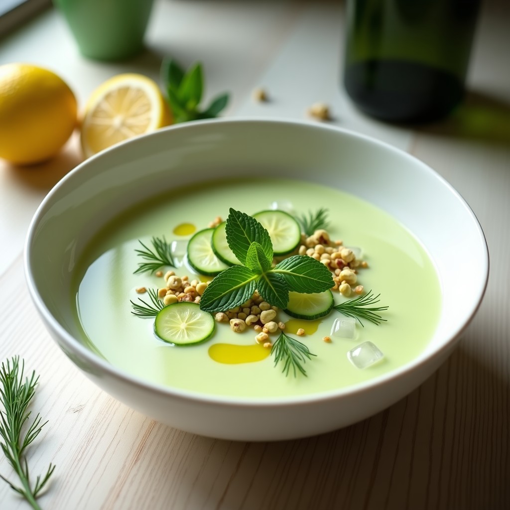 Cuenco de cerámica blanca con sopa fría de pepino y kéfir, decorada con rodajas de pepino, hojas de mentol, eneldo y pistachos tostados. Fondo claro con toques de limón y aceite de oliva.