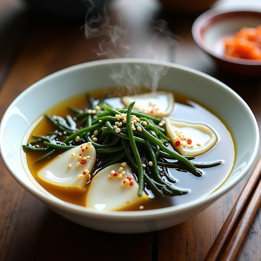 Sopa coreana humeante en cuenco de cerámica blanca, con rodajas de pepino de mar, algas wakame oscuras, semillas de sésamo y un hilo de aceite de sésamo tostado. Fondo de mesa de madera rústica con utensilios tradicionales.