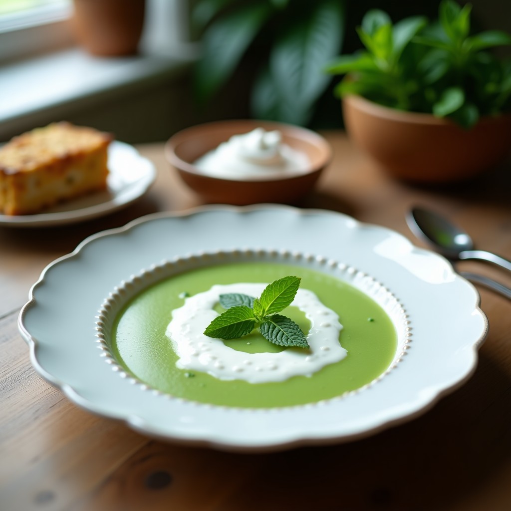 Cuenco blanco de cerámica con sopa fría de pepino y menta con yogur de coco, decorada con hielo picado, hojas de menta fresca y limón confitado. Plato refrescante de cocina persa, servido sobre una mesa de madera con pan de pita tostado al lado.